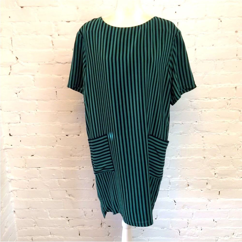 Gerard Darel short sleeve silk shift dress green black stripe size 42
